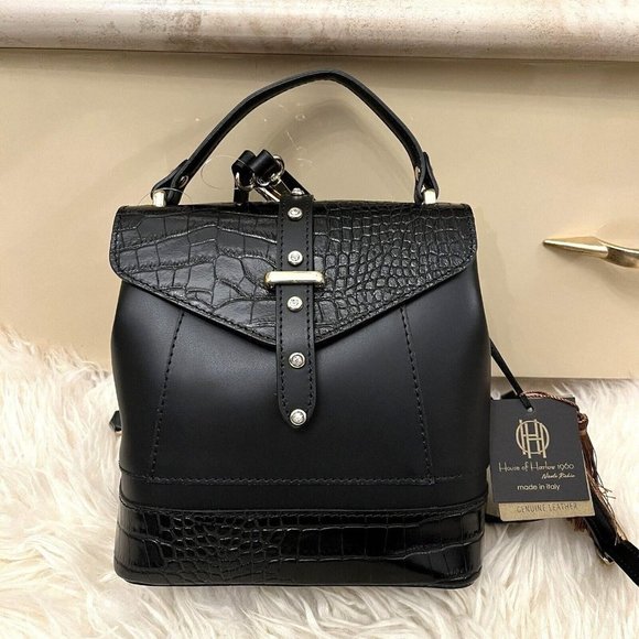 Revolve House of Harlow Italian Leather Crystal Stud Mini Backpack Black NWT